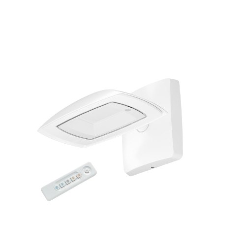 A white wall mount fixture with a curved, modern shade and a separate remote control, shown on a plain white background.