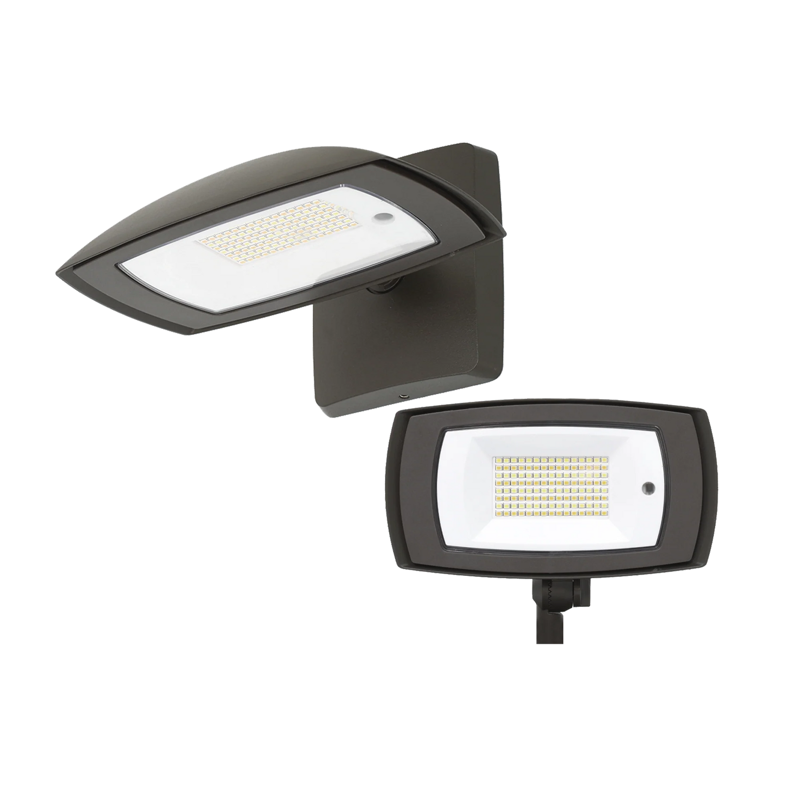 Two modern outdoor wall mounted LED light fixtures in a bronze finish, shown from different angles on a plain white background.