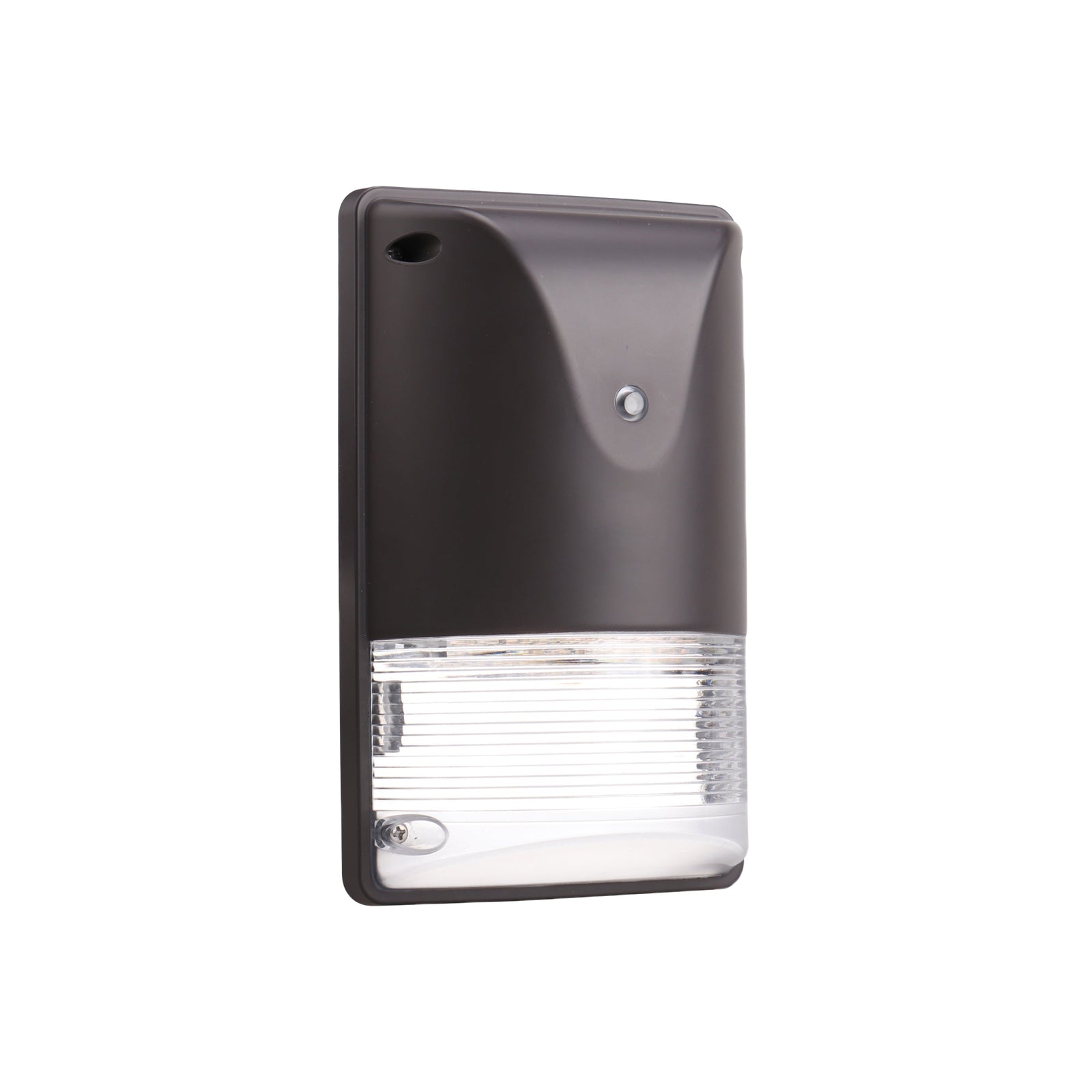 A modern outdoor wall mount with bronze finish and a clear ribbed glass diffuser below, shown on a plain white background.