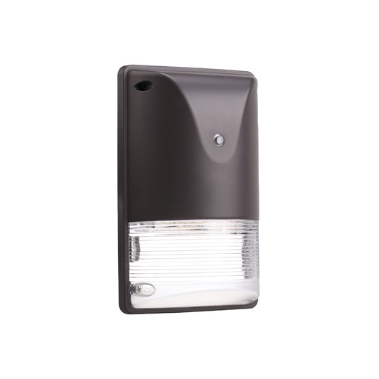 A modern outdoor wall mount with bronze finish and a clear ribbed glass diffuser below, shown on a plain white background.